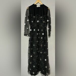 Oscar de la Renta Boutique Paillette Silver Black Sequin Tinsel Sheer Maxi Dress